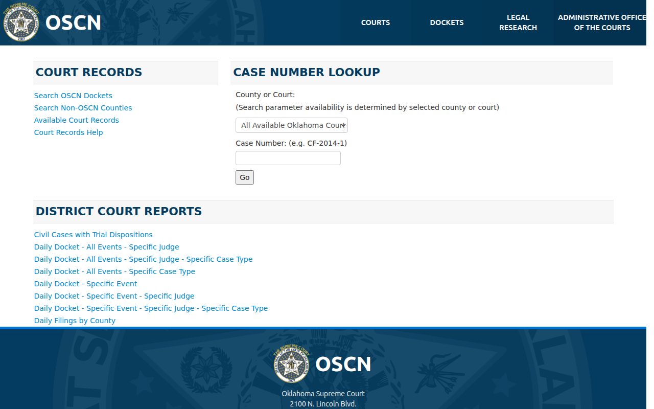 Pontotoc County warrant search case-number field in the OSCN interface