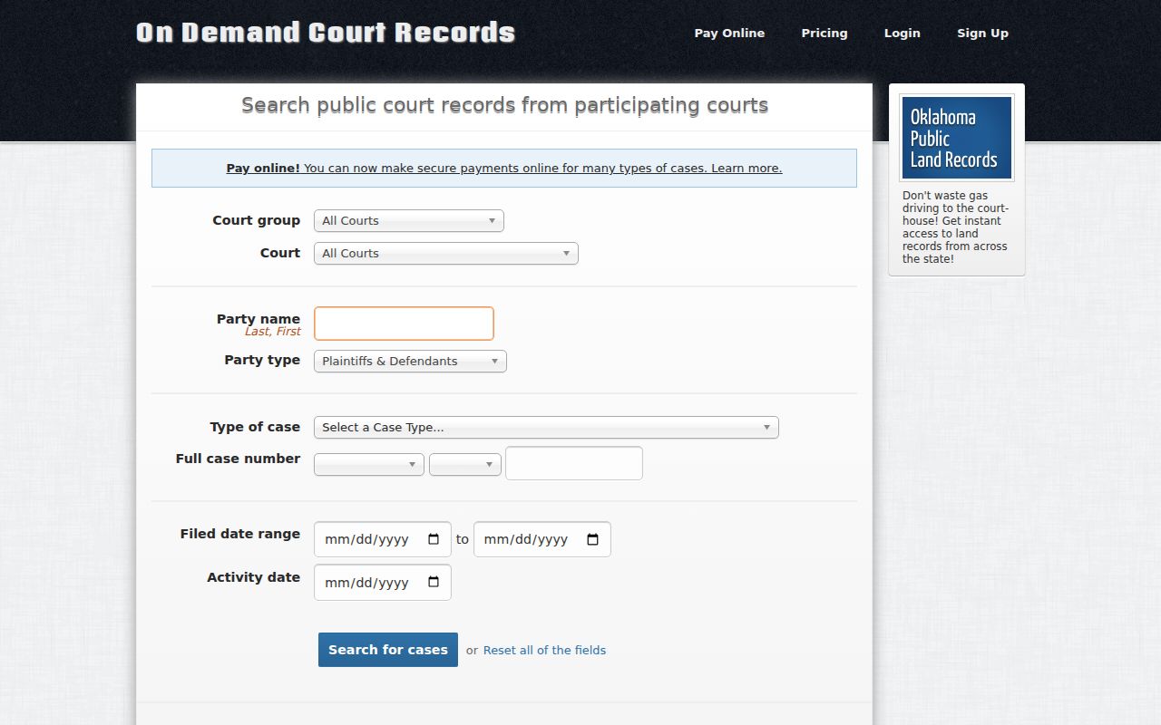 Pontotoc County warrant search fields in the ODCR interface