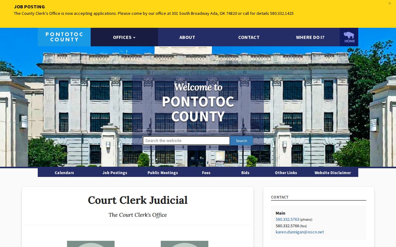 Pontotoc County warrant records Court Clerk address and hours reference