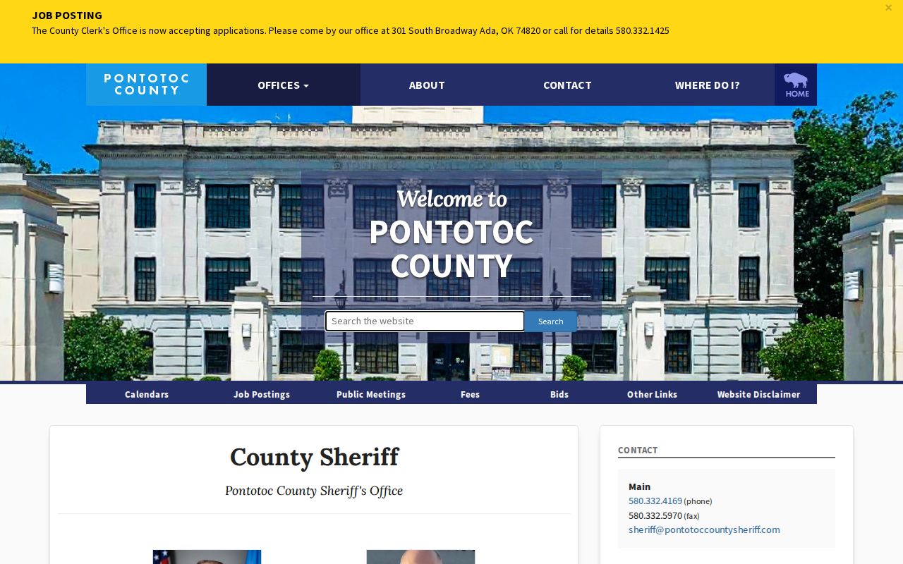 Pontotoc County arrest warrant lookup showing the official Sheriff contact and service role